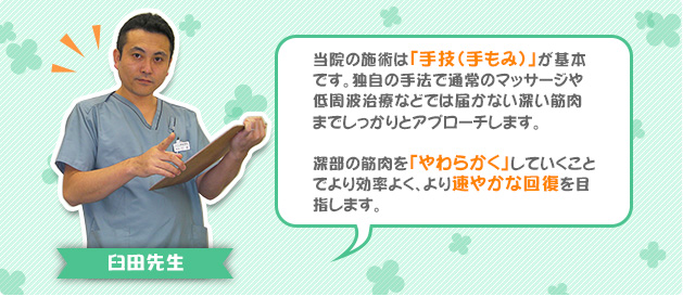 当院の手技は「手技（手もみ）」が基本です。独自の手法で通常のマッサージや低周波治療などでは届かない深い筋肉までしっかりとアプローチします。深部の筋肉を「やわらかく」していくことでより効率よく、より速やかな回復を目指します。