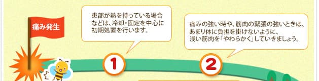 患部が熱を持っている場合などは、冷却・固定を中心に初期処置を行います。 痛みの強い時や、筋肉の緊張の強いときは、あまり体に負担を掛けないように、浅い筋肉を「やわらかく」していきましょう。