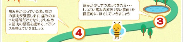痛みが少しずつ減ってきたら・・・しつこい痛みの原因(深い筋肉)を徹底的に、ほぐしていきましょう 痛みをかばっていた為、周辺の筋肉が緊張します。痛みのあった場所だけでなく、少し広めに筋肉の緊張を緩めて、バランスを整えていきましょう。