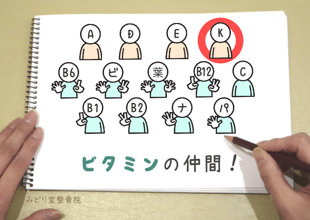 ビタミンKが脂溶性ビタミンに分類されることを示す分類図