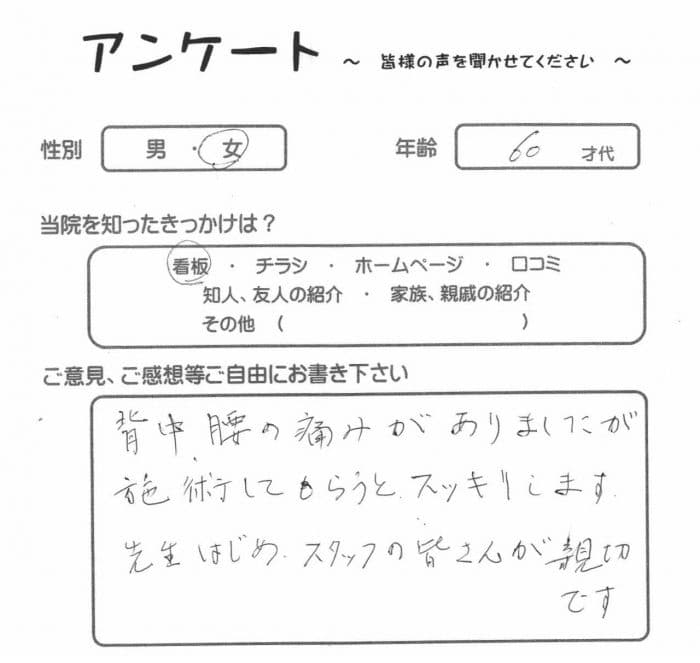 八王子市在住、６０代女性・M.I.様からいただいたアンケートの画像