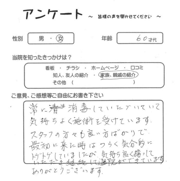 八王子市、６０代女性・H.H.様からいただいたアンケート