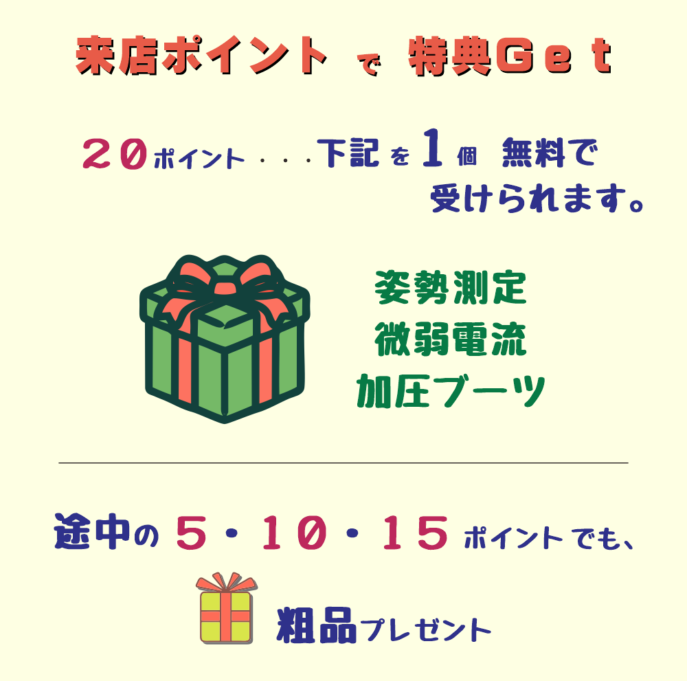 ２０ポイントで「姿勢測定」「微弱電流」などの施術を１個無料で受けられます。