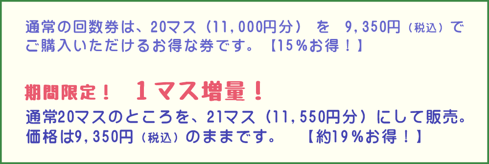 みどり堂整骨院の回数券キャンペーン内容。通常は20マス11,000円分が9,350円で約15％お得。期間限定で21マス11,550円分が同価格で約19％お得。