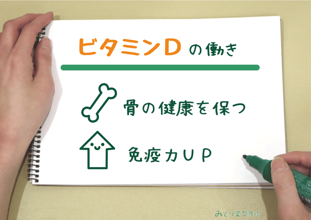 骨の健康を保つ・免疫力アップ など、ビタミンDの働きを説明する図