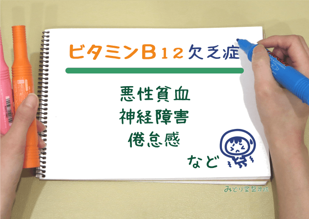 悪性貧血・神経障害・倦怠感 など、ビタミンB12欠乏症を示す図