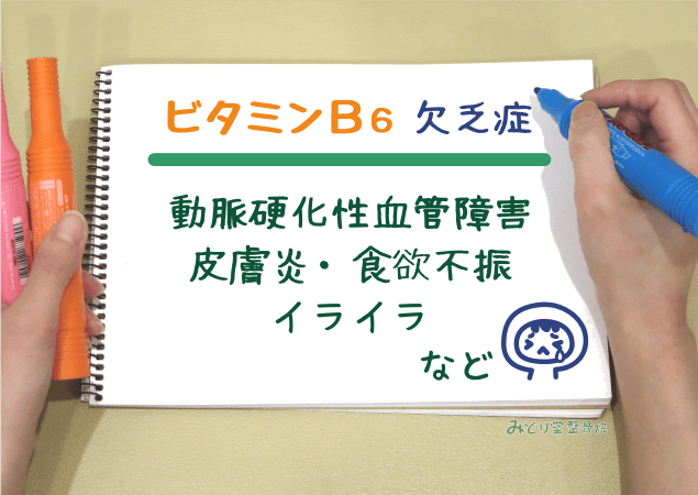 動脈硬化性血管障害・皮膚炎・食欲不振・イライラ など、ビタミンB6欠乏症を示す図