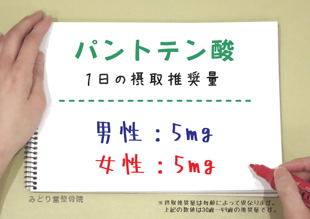 パントテン酸の1日推奨摂取量（男性5mg・女性5mg）を示す図