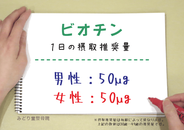 ビオチンの1日推奨摂取量（男性50μg・女性50μg）を示す図