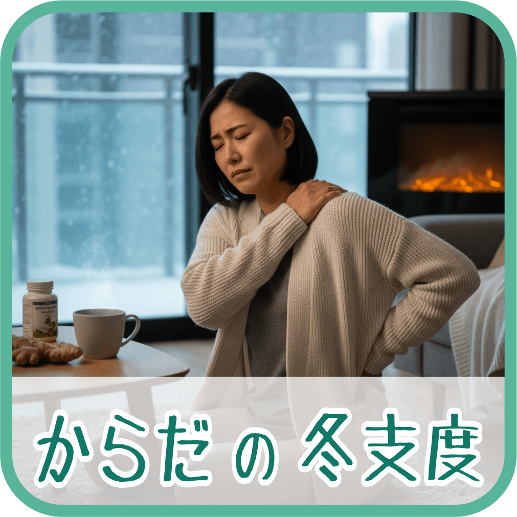 11月の朝晩の冷えで肩こりや腰痛を感じている女性の画像