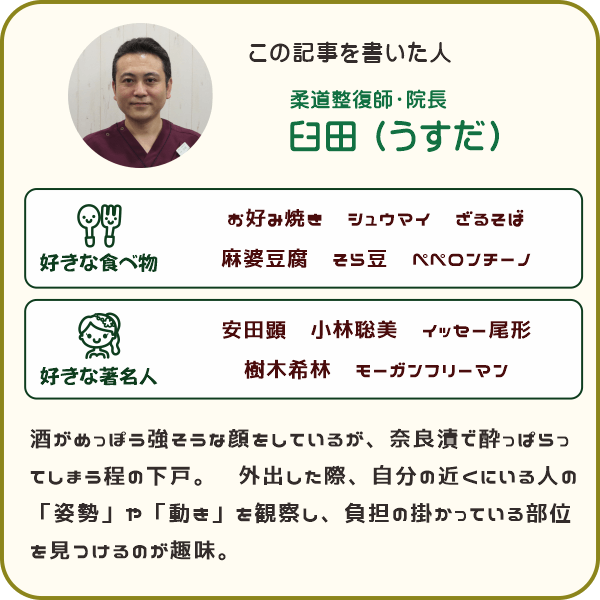 「執筆者プロフィール」院長・臼田　酒がめっぽう強そうな顔をしているが、奈良漬けで酔っぱらってしまうほどの下戸。外出した際、近くにいる人の「姿勢」や「動き」を観察し、負担の掛かっている部位を見つけるのが趣味。