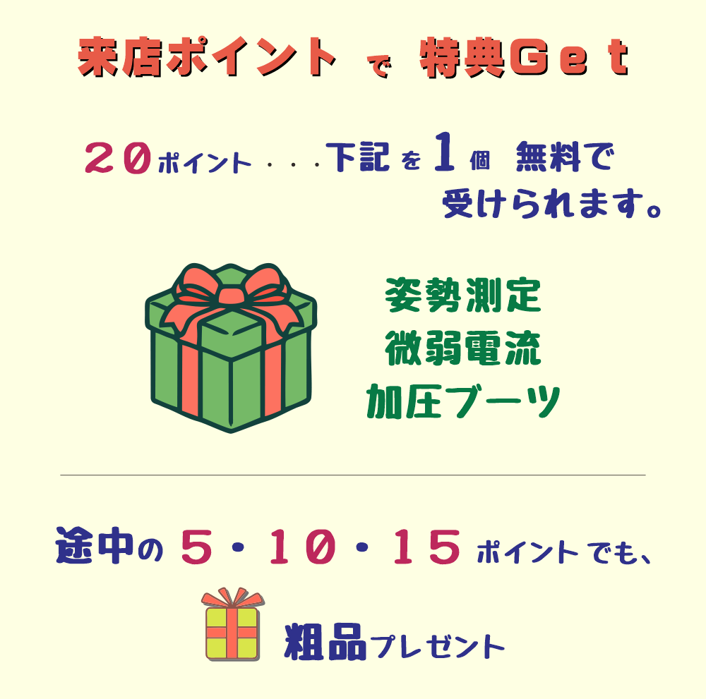 ２０ポイントで「姿勢測定」「微弱電流」などの施術を１個無料で受けられます。