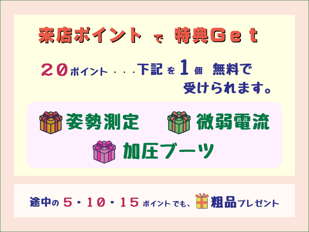 ２０ポイントで「姿勢測定」「微弱電流」などの施術を１個無料で受けられます。