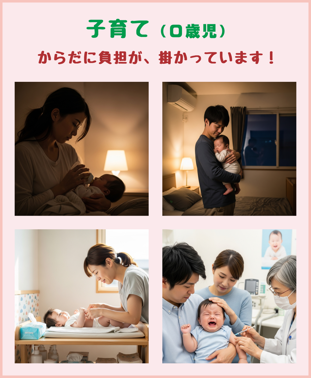 0歳児の子育てで体にかかる負担をイメージした写真の組み合わせ。夜中に母親が哺乳瓶で授乳する様子、父親が夜泣きの赤ちゃんを抱っこして寝かしつける姿、母親がリビングでおむつ交換をする場面、予防接種で父親が赤ちゃんを抱き母親が頭をなでる中、ベテラン女医が注射をするシーンの4枚