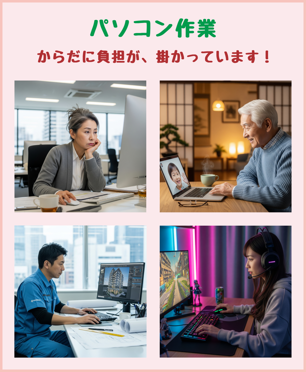 パソコン作業で体にかかる負担をイメージした写真の組み合わせ。オフィスで仕事をするキャリアウーマン、孫とオンライン通話を楽しむ高齢男性、設計業務に取り組む作業服姿の40代男性、自宅でヘッドフォンをつけネットゲームをする20代女性