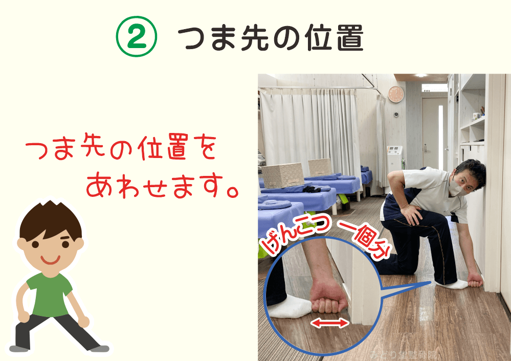 ふくらはぎの柔軟性チェック2：「つま先の位置」壁とつま先の間にげんこつ1個分の空間を空けましょう