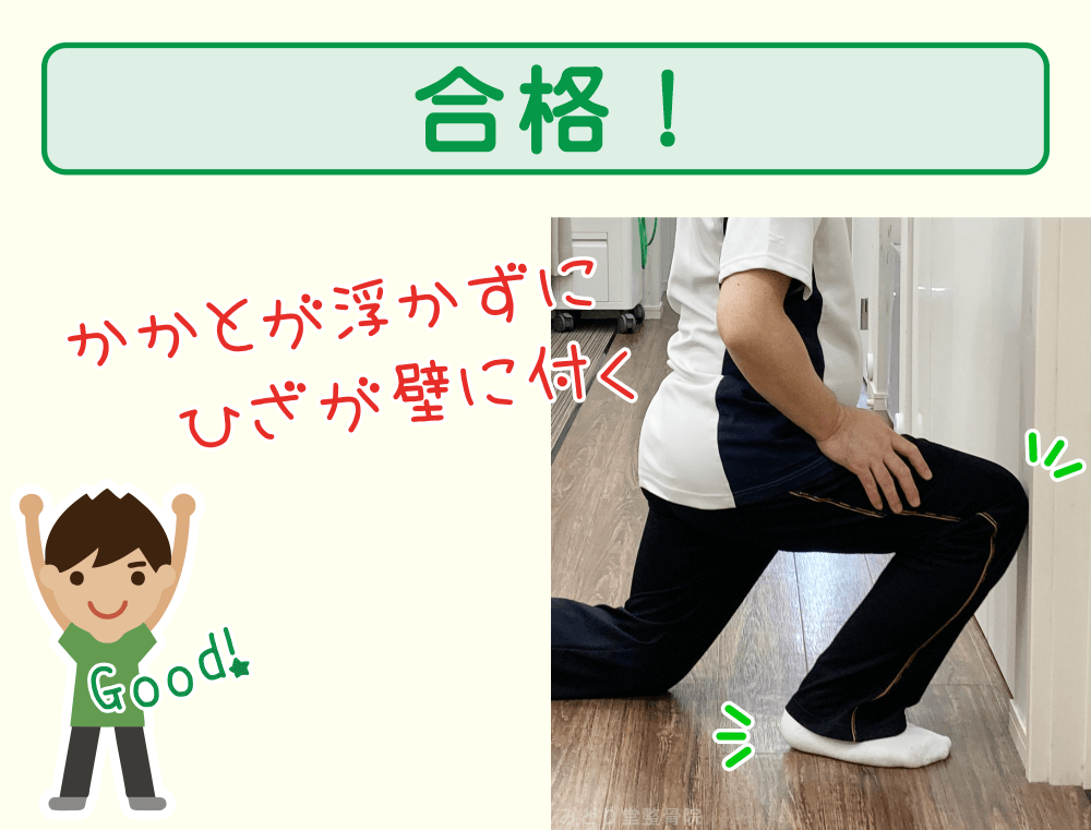 ふくらはぎの柔軟性の判定：かかとが浮かずに膝が壁に付けば合格です。