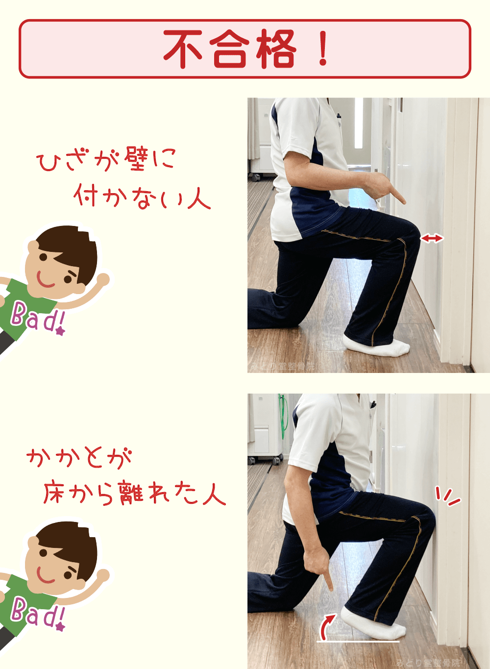 ふくらはぎの柔軟性の判定：膝が壁に付かない方または、かかとが床から離れた方は不合格です