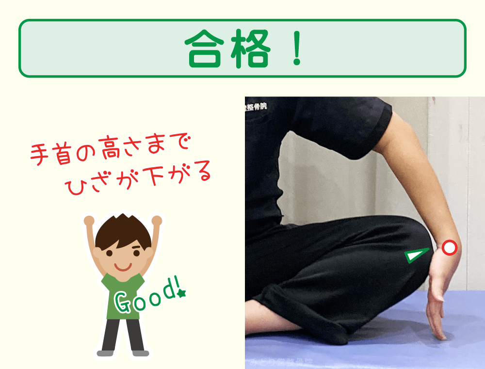 内ももの柔軟性の判定：手首の高さまで膝が下がれば合格です