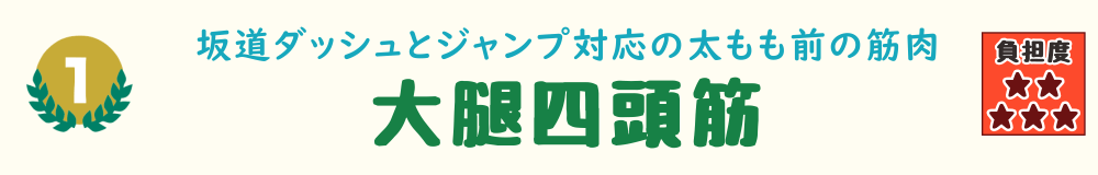 1位：大腿四頭筋。走る・しゃがむ・立ち上がる動きが増える時期に、太もも前側の大きな筋肉に負担がかかることを紹介するバナー画像