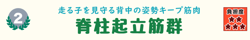 2位：脊柱起立筋群。走り回る子どもを見守ったり抱き上げたりする場面で、背中沿いの姿勢を保つ筋肉に負担がかかることを紹介するバナー画像