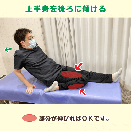 ストレッチ工程2。上半身を後方に倒し、右脚の大腿四頭筋と前脛骨筋を伸ばしている。