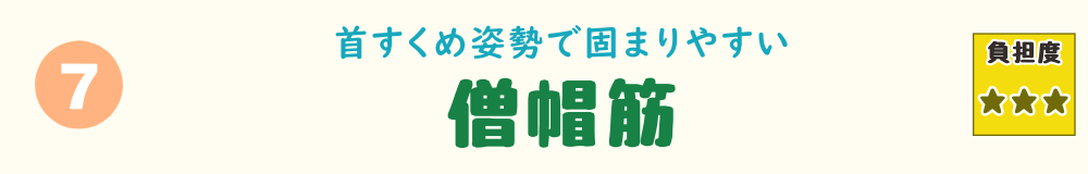 7位：僧帽筋。草むしり時の首をすくめた姿勢で固まりやすい肩・背中の筋肉を解説するタイトルバナー