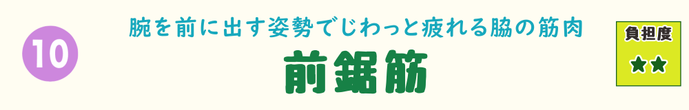 10位：前鋸筋。壁や浴槽の奥を拭く際に腕を前に出す動きが続き、脇の下の筋肉に負担がかかる様子を解説するバナー画像