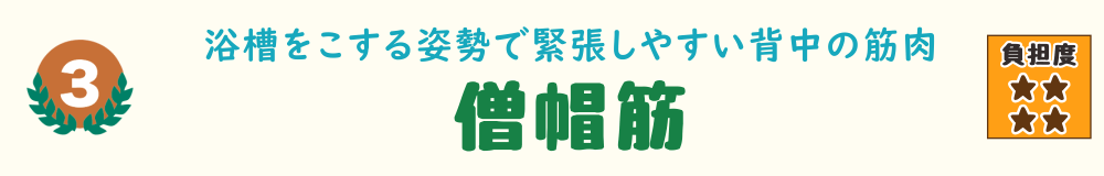 3位：僧帽筋。高い位置の掃除や腕を上げた状態で作業することで、肩から首にかけて負担がかかる様子を解説するバナー画像