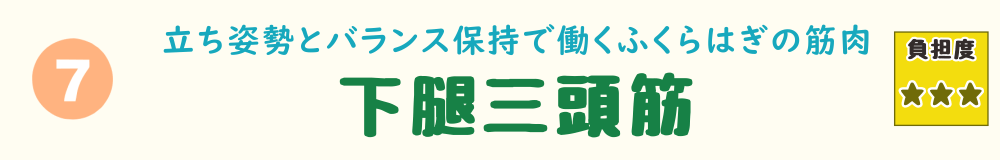 7位：下腿三頭筋。つま先立ちや立ちっぱなしの姿勢で、ふくらはぎが疲れやすい状況を解説するバナー画像