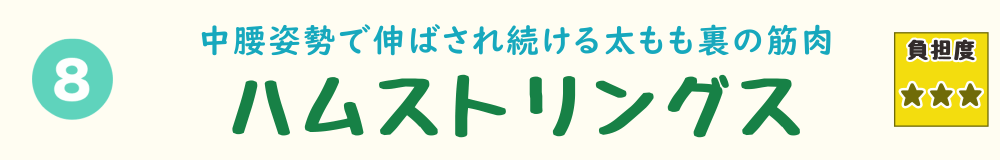 8位：ハムストリングス。前屈みやしゃがみ姿勢を取ることで、太もも裏に負荷がかかる場面を紹介するバナー画像