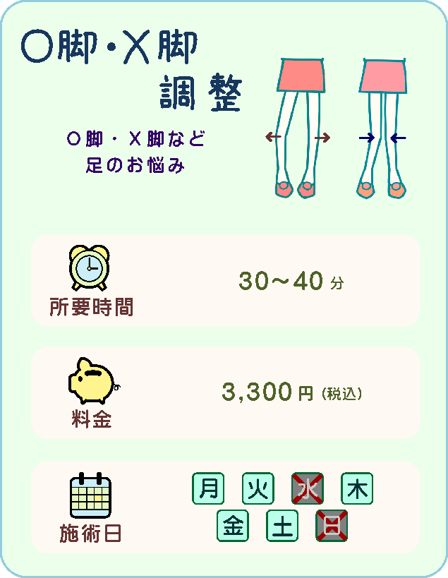 【O脚調整・Ｘ脚調整】O脚・Ｘ脚など、足のお悩み