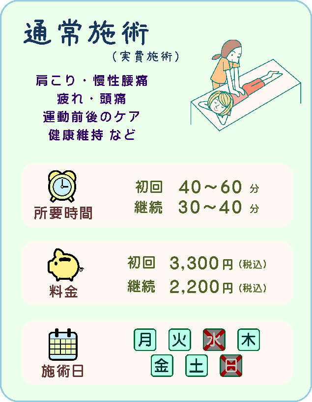 【通常施術】肩こり・慢性腰痛・疲れ・頭痛・運動前後のケア・健康維持などにオススメ