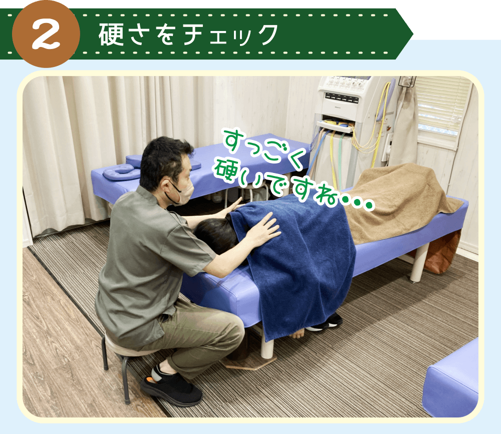 うつ伏せの有吉の肩の硬さを、施術担当の臼田がチェックしている様子