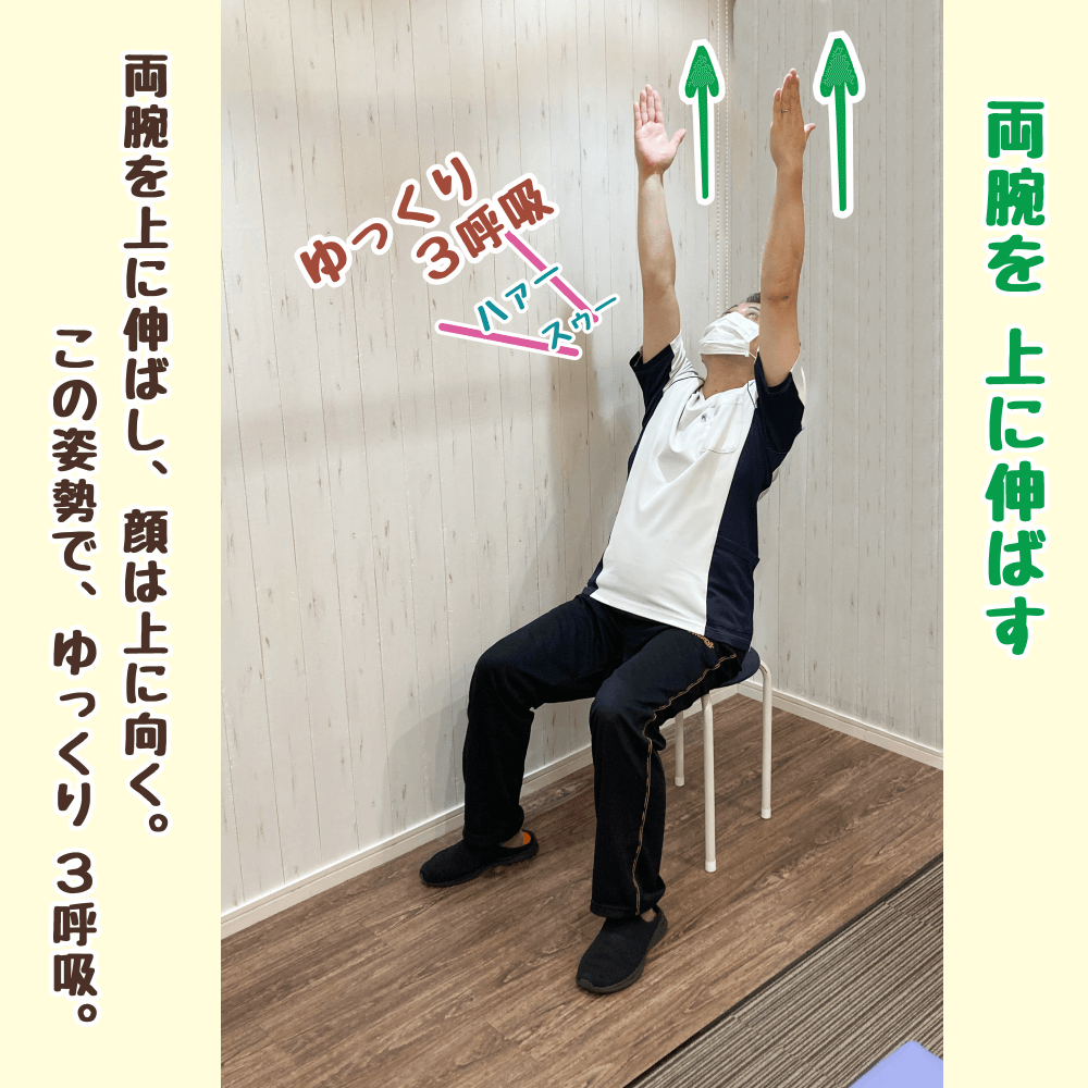 両腕を上に伸ばし、顔を上げて深呼吸する体幹ストレッチ