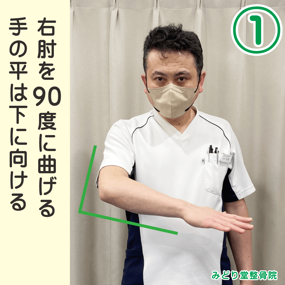 テニス肘のチェック１：右肘を９０度に曲げて、手に平は下に向ける