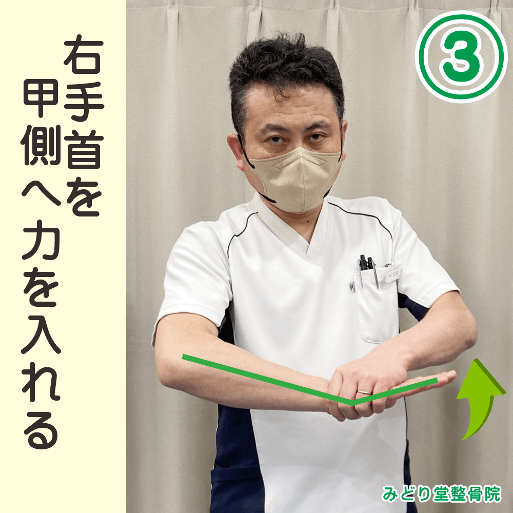 テニス肘のチェック３：右手首を甲側へ力を入れる