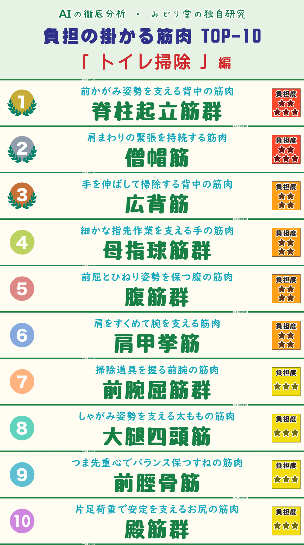 トイレ掃除で負担がかかりやすい筋肉トップ10を紹介するランキング表の画像