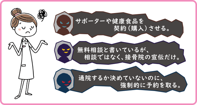 サポーターや健康食品を契約（購入）させる。　無料相談と書いているが、相談ではなく、接骨院の宣伝だけ。　通院するか決めていないのに、強制的に予約を取る。